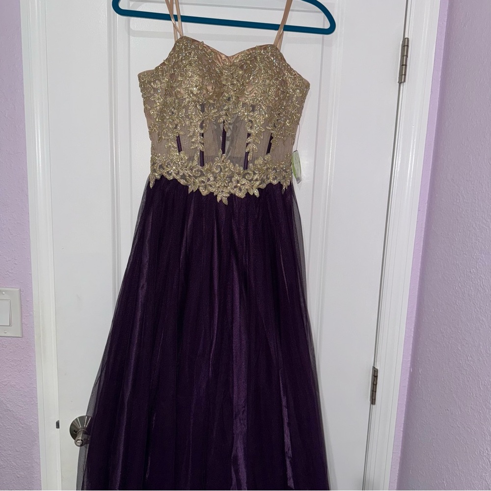 Windsor Dress - Gold Bustier Eggplant Prom Dress - Picture 2 of 9